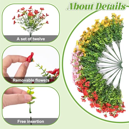 Ammyoo Artificial Faux Hanging Plants Flowers Basket for Spring Outdoor Decoration, Fake Silk Daisy UV Resistant Look Real with Eucalyptus Leaves Summer Outside Decor for Home Patio Garden - color: Red Yellow White