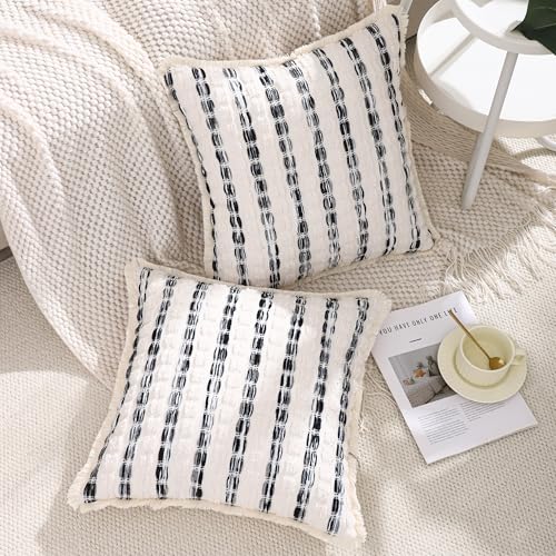 LUOYEHK Chenille Striped Throw Pillow Covers 18x18 Inch Set of 2 Boho Decorative Pillowcases with Fringe Farmhouse Neutral Cushion Covers for Couch Sofa Bed Living Room, Black - color: Black, size: 18" x 18" (Pack of 2)