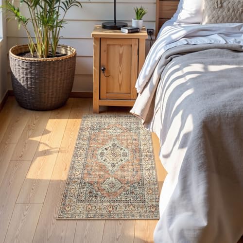 Lahome Oriental 2x3 Washable Rugs for Entryway, Soft Door Mat Indoor Entrance Small Kitchen Rugs Non Slip Ultra-Thin, Vintage Carpet for Bedroom Bathroom Eleanor, Peach/Orange - color: Terracotta, size: 2' x 3' (Rectangular)