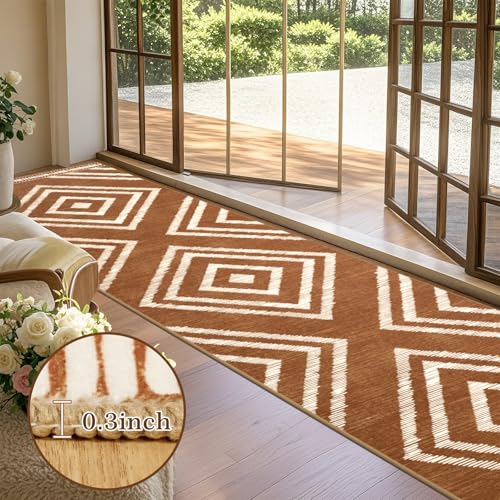 Boho Hallway Runner Rugs 2.6x14ft Non Slip, Long Brown Washable Entryway Rug Runners Non Shedding, Geometric Kitchen Floor Carpets for Doorway Entrance Farmhouse Living Room Home Decor - color: Brown, size: 2'8" x 14' (Rectangular)