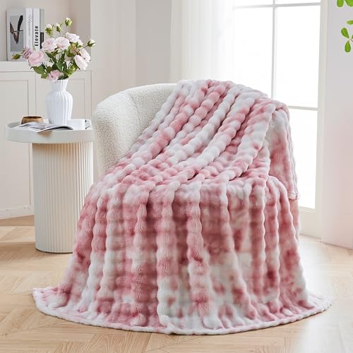 3D Bubble Plush Blanket Textured Fleece Throw Soft Warm Cozy Blanket Couch Bed Tie Dye Pink 50x60 Inches - color: Bloom Pink, size: Throw(50"x60"）