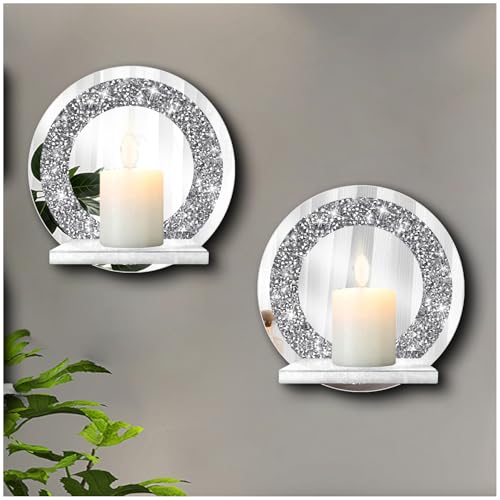 ZOLAPI Set of 2 Crystal Crush Diamond Candle Sconces, Gorgeous Silver Mirrored Wall Sconce, Candle Holder Glass Wall Decorations for Home Décor, Living Room, Dining Room.Round - color: Silver Mirror ◎
