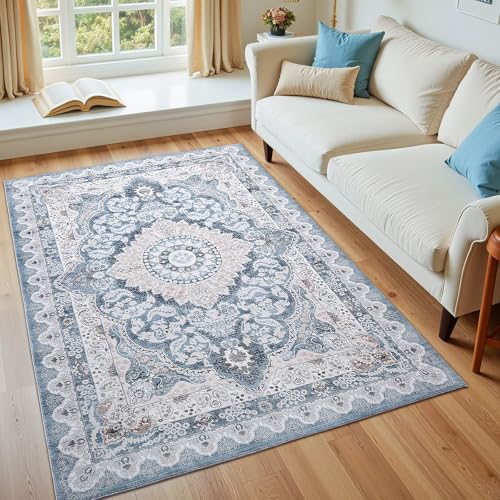 Macgace 3x5 Area Rug for Bedroom, Machine Washable Rugs with Non-Slip Backing for Living Room, Soft Vintage Carpet Kitchen Laundry Kids Room Decor, Blue & Beige - color: Blue & Beige, size: 3' x 5' (Rectangular)