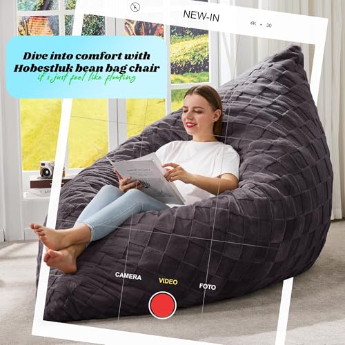 Hobestluk 3 in 1 Bean Bag Chair Giant Bean Bag Chairs for Adults with Plaid Cover Convertible Bean Bag Floor Cushion with Machine Washable Cover for Living Room (Plaid Dark Grey) - color: Jet Grey