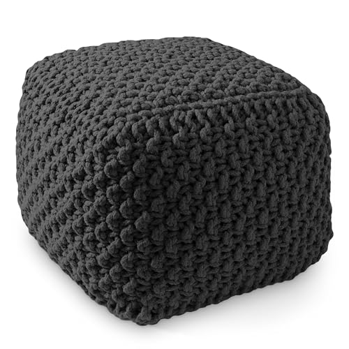 Casafield Square Pouf Ottoman, Black - 18.5" W x 18.5" D x 14.5" H Cotton Knit Foot Stool - Boho Floor Pouffe for Living Room, Bedroom, Home Office - color: Black, size: 18.5"D x 18.5"W x 14.5"H