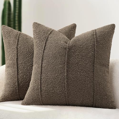 YCOLL Textured Boucle Throw Pillow Covers 12x20 Pack of 2 - Soft Neutral Striped Cushion Covers, Cozy Accent Decorative Pillow Covers for Couch, Sofa, Bed, Living Room (Brown) - color: Brown, size: 20" x 12" (Pack of 2)