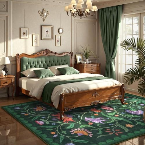 Lahome Boho Floral Washable Green 5x7 Area Rugs for Living Room, Non Slip Rugs for Bedroom Entryway, Indoor Ultra-Thin Throw Dining Room Carpet for Under Table Kitchen Dorm(Forest Green,5x7) - color: Forest Green, size: 5' x 7' (Rectangular)