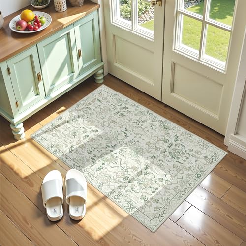Green Small Area Rug 2x3 Throw Rug for Entryway Bathroom Kitchen, Non-Slip Low-Pile Washable Distressed Modern Boho Floor Carpet for Laundry Room, Indoor Washstand Vanity Front Mat 24x36 Inch - color: Beige Green, size: 2'x3'