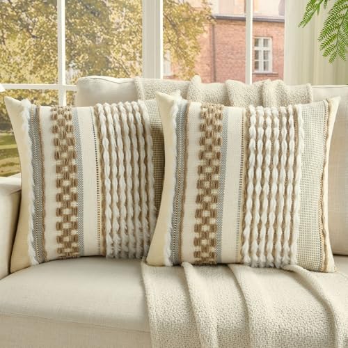 FUTEI Pack of 2 Boho Chenille Decorative Throw Pillow Covers 18x18 Inch Soft Plush Tufted Striped Textured Cushion Case,Farmhouse Accent for Couch Bed Living Room, Coffee - color: Coffee, size: 18" x 18" (Pack of 2)