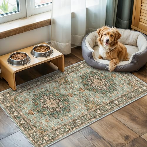 TOPRUUG Green Oriental Entry Rug - 2x4 Washable Area Rugs for Kitchen Bathroom Non-Slip Ultra-Thin Indoor Door Mat Indoor Entrance - Stain Resistant Small Throw Carpet (Green, 2X4) - color: Green, size: 2' x 4' (Rectangular)