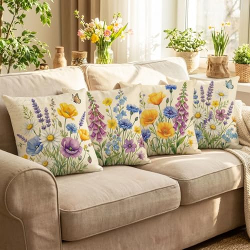 wyooxoo Throw Pillow Covers 16x16 Set of 4 Spring Pillow Covers Linen Flower Farmhouse Cushion Case for Sofa Couch Living Room Outdoor Home Decor - color: Color Q, size: 16" x 16" (Pack of 4)