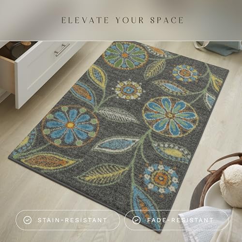 Maples Rugs Reggie Floral Kitchen Rug - Made in USA - Washable, Non Slip Indoor Carpet for Entryway, Foyer, Kitchen, and Bathroom, 2'6 x 3'10, Dark Grey - color: Dark Grey, size: 2'6" x 3'10" (Rectangular)