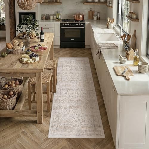 2x6 Washable Runner Rug Beige Vintage Non Slip Soft Low Pile Hallway Kitchen Rug Distressed Oriental Carpet for Laundry Bathroom Bedroom Living Room Home Decor - color: Light Beige, size: 2' x 6' (Runner)
