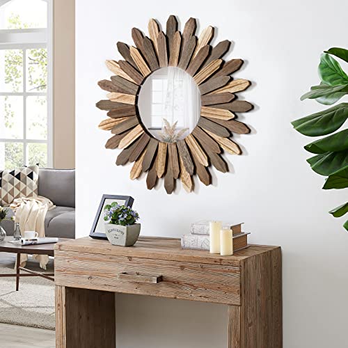 Honiway Boho Wall Decor 21 inch Wall Mirror Rustic Wood Decorative Mirror for Room Decor Rustic Home Decor Farmhouse Wall Decor at Living Room Bedroom Bathroom Hallway Trilcolor - color: Tril Color, size: 21 inch (1 pack)