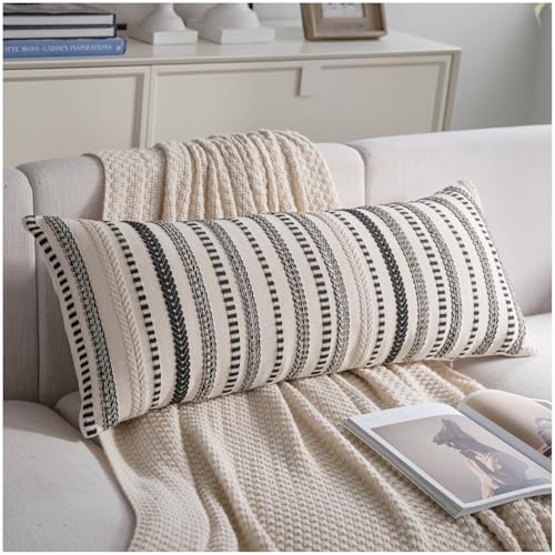 Cethom Black Boho Lumbar Pillow Covers 14x36 Long, Stripe Textured Decorative Couch Pillow Cases for Bed, Sofa, Living Room, Bedroom, Farmhouse Home Accent Cushion Covers, Pack of 1 - color: Black, size: 36" x 14" (Pack of 1)