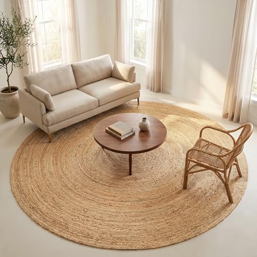 Jute Braided Area Rug, Natural - 8 Feet Round, Boho Neutral Indoor Circle Hand Woven Rugs for Living Room, Bedroom, Nursery, Dining Area | Farmhouse Large Rustic Patio Floor Mat for Coastal Décor - color: Natural, size: 8' (Round)