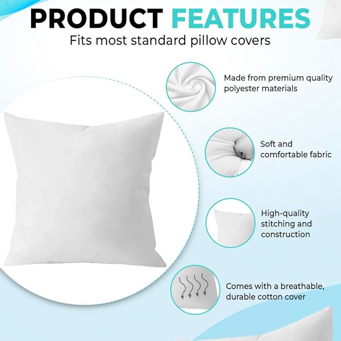 18 x 18 Throw Pillow Insert - Pack of 2 White, Down Alternative Pillow Inserts for Decorative Pillow Covers, Throw Pillows for Bed, Couch Pillows for Living Room (Pack of 2)