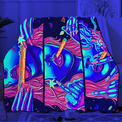 Blacklight Hippie Trippy Blanket UV Reactive Throw Glow in the Dark Smoke Weed Throw Blankets for Stoners Bedroom Room Decor Cannabis Weed Smoking Accessories Trippy Room Decor Travel Blanket 51”x59” - color: Pink 2