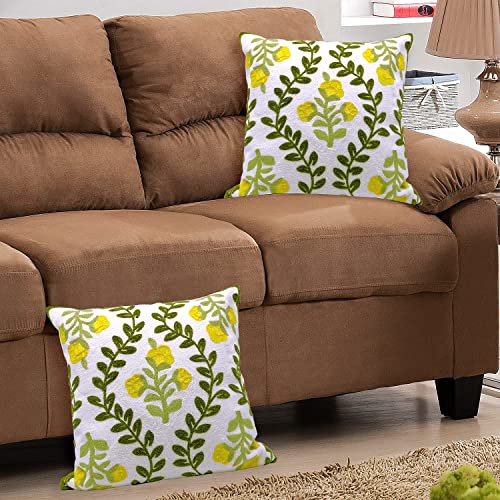 Alysheer Floral Embroidered Summer Decorative Throw Pillow Cover 18"x 18" Set of 2, Farmhouse Cottage Yellow Flower Green Leaves Patterned Cotton Cushion Case for Couch Bed Living Room Outdoor Decor - color: Yellow, size: 18" x 18" (Pack of 2)