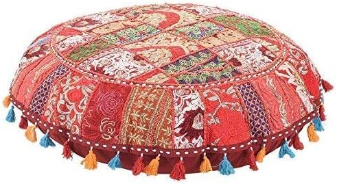 Indian Handmade Patchwork Codework Red Round Pouf Cover Ottoman Floor Pillow Cushion Seating Throw Decorative Pom Pom Pillow Cases Boho 32 Inches,BFPC0108