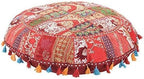 Indian Handmade Patchwork Codework Red Round Pouf Cover Ottoman Floor Pillow Cushion Seating Throw Decorative Pom Pom Pillow Cases Boho 32 Inches,BFPC0108
