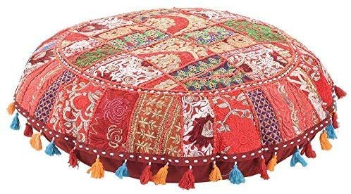 Indian Handmade Patchwork Codework Red Round Pouf Cover Ottoman Floor Pillow Cushion Seating Throw Decorative Pom Pom Pillow Cases Boho 32 Inches,BFPC0108 - color: Red