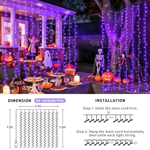 JMEXSUSS 300LED Purple Halloween Lights with Remote, 9.8x9.8ft Curtain Lights Plug in, 8 Modes Hanging String Lights for Indoor, Outdoor, Bedroom, Window, Party, Backdrop, Xmas, Halloween Decorations - color: Purple, size: 300 LED