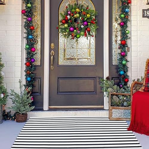 Black and White Striped Outdoor Rug Halloween Door Mat 27.5" x 43" Front Porch Rug Farmhouse Fall Layered Door Welcome Mat for Entryway/Home Entrance/Laundry Room - color: Black&white Stripe C, size: 2'4" x 3'7" (Rectangular)