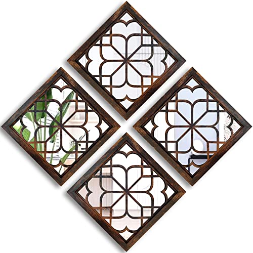 Wocred Set of 4 Mirrors Square Wall Mirror,Gorgeous Rustic Farmhouse Accent Mirror,Caramel Color Entry Mirror for Bathroom Renovation,Bedrooms,Living Rooms and More (12”x12”4pcs) - color: Caramel Color, size: 12x12 inch - 4 PCS