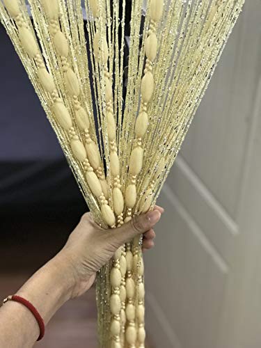 Door String Curtain Flat Silver Ribbon Thread with Shaggy Tassel Room Divider, 39’’x79’’ (Beige-style2) - color: Beige-style2