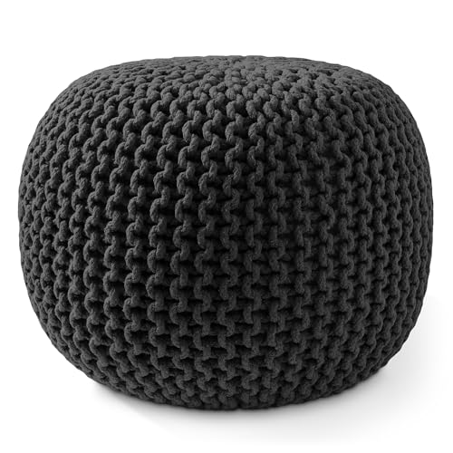 Casafield Round Pouf Ottoman, Black - 20" Diameter x 14.5" High Cotton Knit Foot Stool - Boho Floor Pouffe for Living Room, Bedroom, Home Office - color: Black, size: 20"D x 20"W x 14.5"H