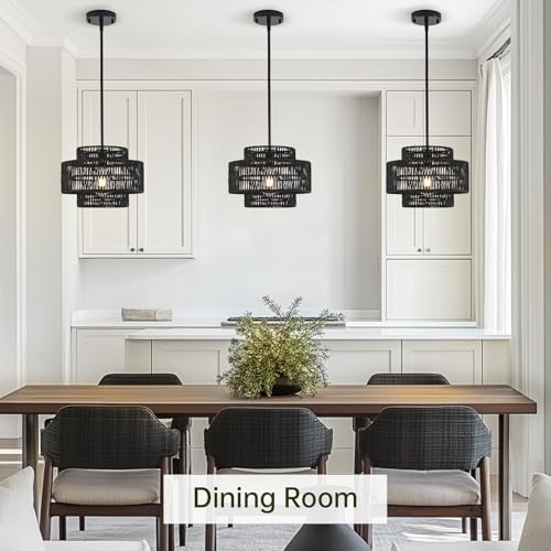 12.4” Black Boho Rattan Chandelier Light Fixture, 1-Light Hand Woven Pendant Light Fixture Farmhouse Rustic Hanging Lamp for Kitchen Island Bedroom, Dining Room, Living Room, Entryway, Foyer - color: Black, size: 12.4" 1-Light