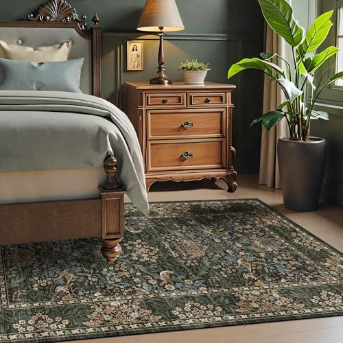 3x5 Floral Washable Area Rug for Living Room, Vintage Boho Rugs for Bedroom Dining Room, Botanical Birds Non Slip Low Pile Forest Throw Carpet for Farmhouse Office, Retro Gold/Green - color: Gold Green (Larger Pattern), size: 3' x 5' (Rectangular)