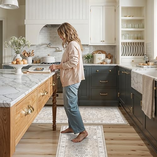2-Piece Kitchen Runner Rug Set: Washable Non-Slip Floor Mats for Sink & Stove Cooking Area Soft Low Pile Water-Resistant Carpet for Dishwasher Fridge Fronts Durable Kitchen Island Mats(2x3+2x4,Beige) - color: Beige, size: 2x3+2x4