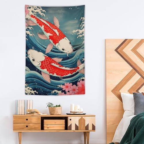 QEOPGNE Large Wall Tapestry Koi Fish Japanese Great Waves Cherry Blossom Retro Large Tapestry Wall Decor for Bedroom Aesthetic Living Room Decor for Men And Woman 40""x60"", style - color: Style, size: 60"L x 40"W