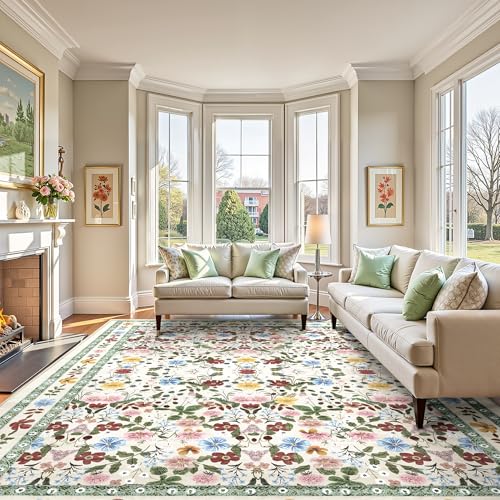 Deerly Washable Floral Rugs 8x10 Large Vintage Living Room Carpet Boho Non-Slip Soft Low Pile Thin Bedroom Floor Mat Indoor for Dining Room Playroom Nursery Farmhouse, Beige/Green/Multi - color: Beige/Green/Multi, size: 8' x 10' (Rectangular)