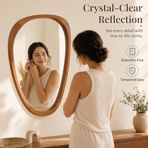 Solid Wood 36"x24" Modern Organic Asymmetrical Mirror, Warm Walnut Irregular Wooden Wall-Mounted Mirror, Sculptural Spa-Like Bathroom Vanity Mirror, Honey Walnut - color: Walnut, size: 36"L x 24"W