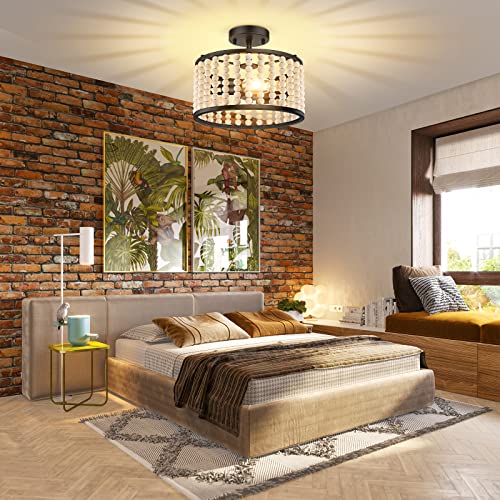 Farmhouse Boho Light Fixture - Wood Beaded Chandelier, Rustic Semi Flush Mount Ceiling Light, Black 2-Light Nursery Light Fixture for Kitchen Island Foyer Hallway Bedroom Living Room, E26 Base - color: Black Chandelier