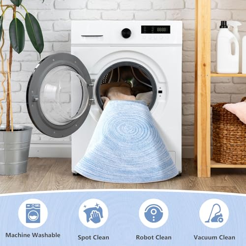 Asrug Imitation Jute Low Pile Round Rug Area Rug Washable Non-Slip Circle Rug Soft Plush Touch Circle Rugs Round for Kitchen Bathroom Living Bedroom Nursery, Carpet 2ft /24 inch/61 cm Blue - color: Blue, size: 2ft