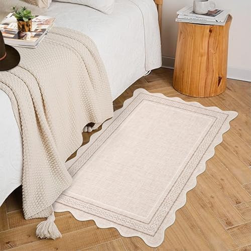 GarveeHome Scalloped Door Mat Indoor Entrance 2x3 Rug Machine Washable Boho Solid Small Area Rug Non-Slip Low Pile Throw Rugs for Entryway Kitchen Front Door Indoor Entrance Entry Kids Room, Beige - color: Beige, size: 2' x 3' (Rectangular)