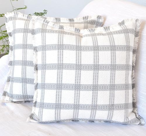 Checkered Throw Pillow Covers with Fringe Set of 2 Woven Cotton Plaid Cushion Covers With Tassels Trim Edge Square Pillow Cases Classic Scandinavian Cottagecore Checks Pattern Grey and White 20x20 - color: Grey, size: 20" x 20" (Pack of 2)