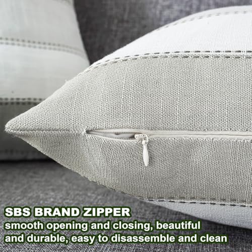 AmHoo Pack of 2 Farmhouse Stripe Check Throw Pillow Covers Set Case Cotton Linen Decorative Pillowcases Cushion Cover for Couch Bench Sofa 16x16Inch Light Grey Beige - color: Light Gray Beige, size: 16" x 16" (Pack of 2)