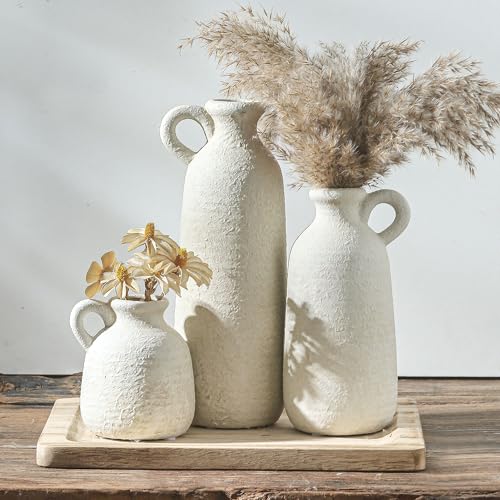 Ceramic Vase Set of 3 with Handle, Neutral Rustic Vases Home Decor Farmhouse Decorative Vase Whitewashed Pottery Decor Modern for Table Mantel Entryway Bookshelf Living Room Kitchen Bedroom - White - color: 010 Vase Set With Handle - White