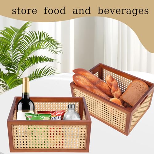 Wooden Storage Basket with Rattan Cane Webbing, Brown, Handles, Book, Office, Desktop Basket - size: Large