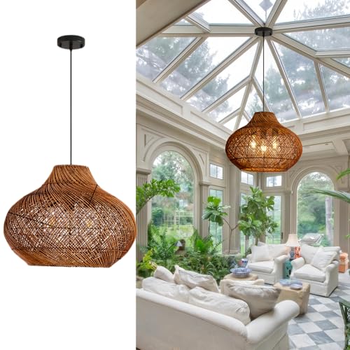 18.9IN Boho Rattan Chandelier 3-Lights Hand-Woven Rattan Pendant Light Farmhouse Wicker Dining Room Light Hanging Bamboo Pendant Light Fixture for Kitchen Island Living Room Hallway Reataurant - color: Brown-A