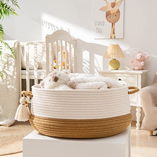 KAKAMAY Woven Baskets for Storage(16"x8"),Blanket Basket for Organizing Living Room,Cotton Rope Basket Woven Baby Laundry Hamper,Collapsible Laundry Room Organization,Clothes,Toy Chest(Brown) - color: Brown