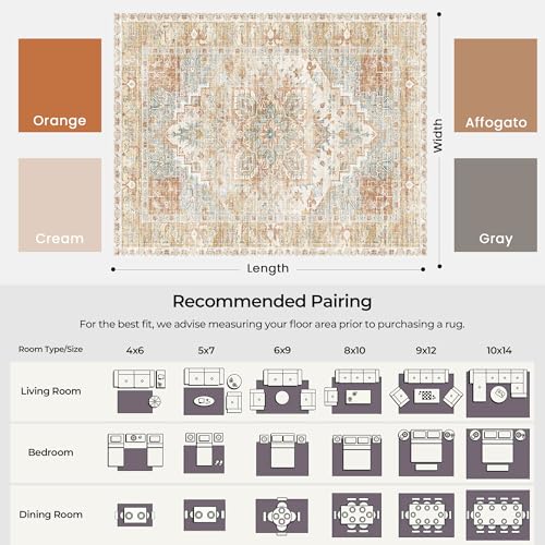Kokia Washable Area Rugs 9x12 Living Room Boho Non Slip Thin Carpet Stain Resistant Vintage Orange Printed Oriental Distressed Rug for Bedroom Low Pile - color: 02/Orange/Cream/Affogato/Gray, size: 9' x 12' (Rectangular)
