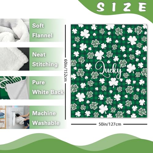 St Patricks Day Flannel Throw Blanket, Lucky White Shamrock Clover Buffalo Plaid Check Birthday Gifts for Kids Men Women, Irish Spring Soft Blankets for Bedding Sofa 50" x 60" - color: Lucky Clover