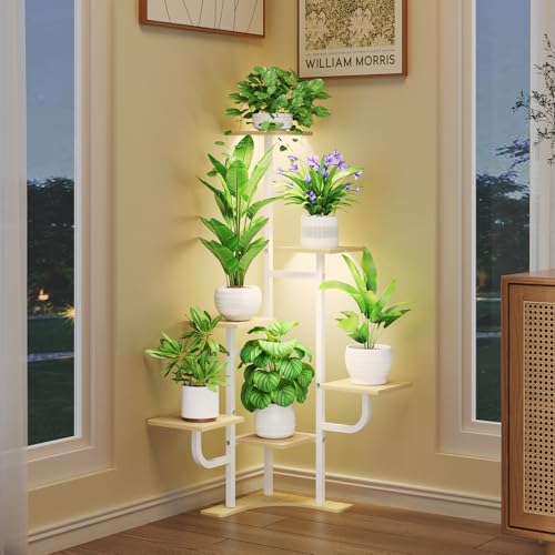 Homsorout Corner Plant Stand with Grow Light - 6 Tier Plant Stand Indoor Square Metal Plant Shelf with Adjustable Light, Plant Organizer for Living Room, Graden, Home Decor (Maple) - color: Maple & Square