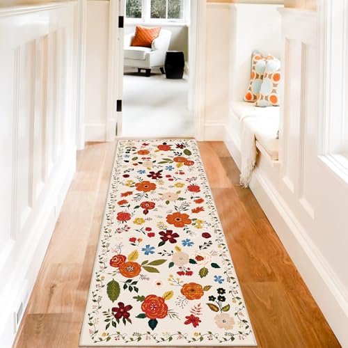 U'Artlines 2'x6' Boho Runner Rug for Hallways Kitchen Colorful Floral Soft Non Slip Washable Floor Carpet Runners for Entryway Laundry Room Bathroom Beige - color: Beige＆floral, size: 2' x 6' (Runner)
